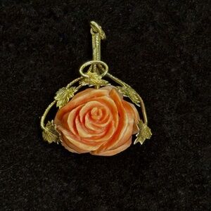 Vintage Coral Rose Pendant with 14k Gold